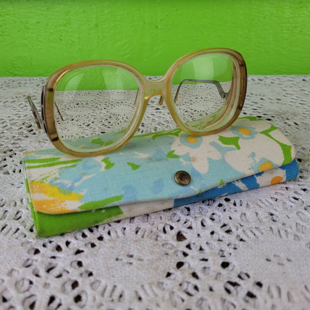 Vintage 1970s Oversized Eyeglasses with Retro Floral Case Tan Yellow Orange